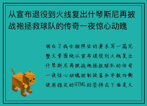 从宣布退役到火线复出什琴斯尼再披战袍拯救球队的传奇一夜惊心动魄