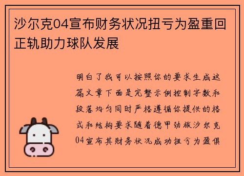 沙尔克04宣布财务状况扭亏为盈重回正轨助力球队发展