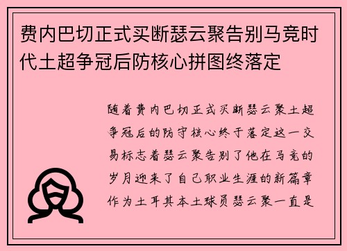 费内巴切正式买断瑟云聚告别马竞时代土超争冠后防核心拼图终落定